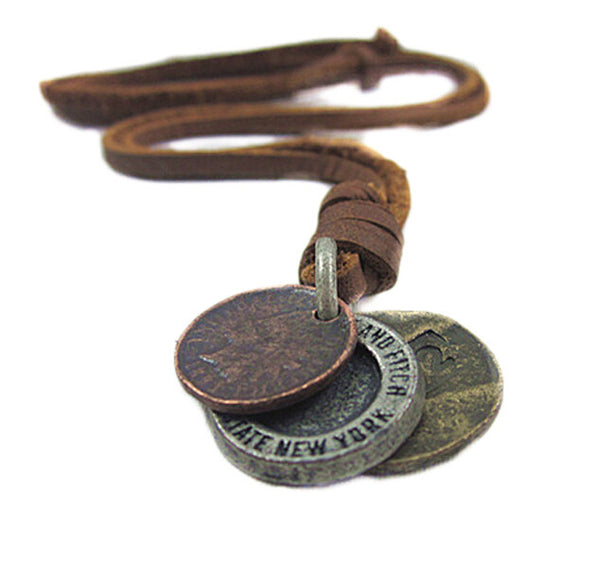 Men's Necklace Vintage Leather Design Three Coins Shape Pendant Charms Sweater Chains